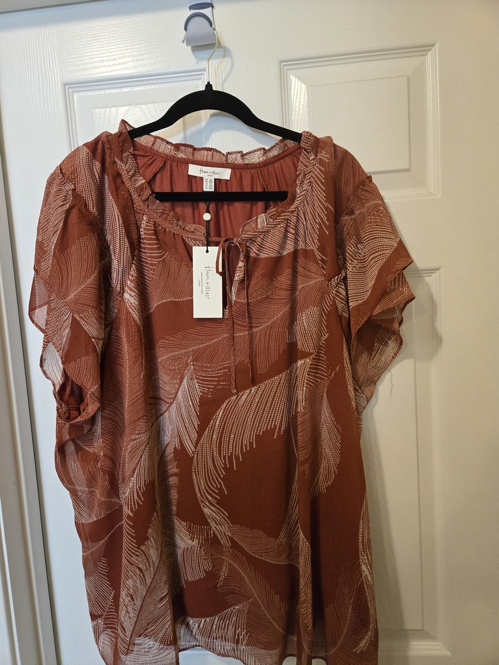 Rust Feather-Print Peasant Blouse with Tie Neck - Picture 2 of 8